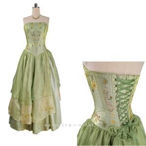 Fairy Princess Prom Dress Maxi Gown M Green Corset Floral Renaissance Ruffle